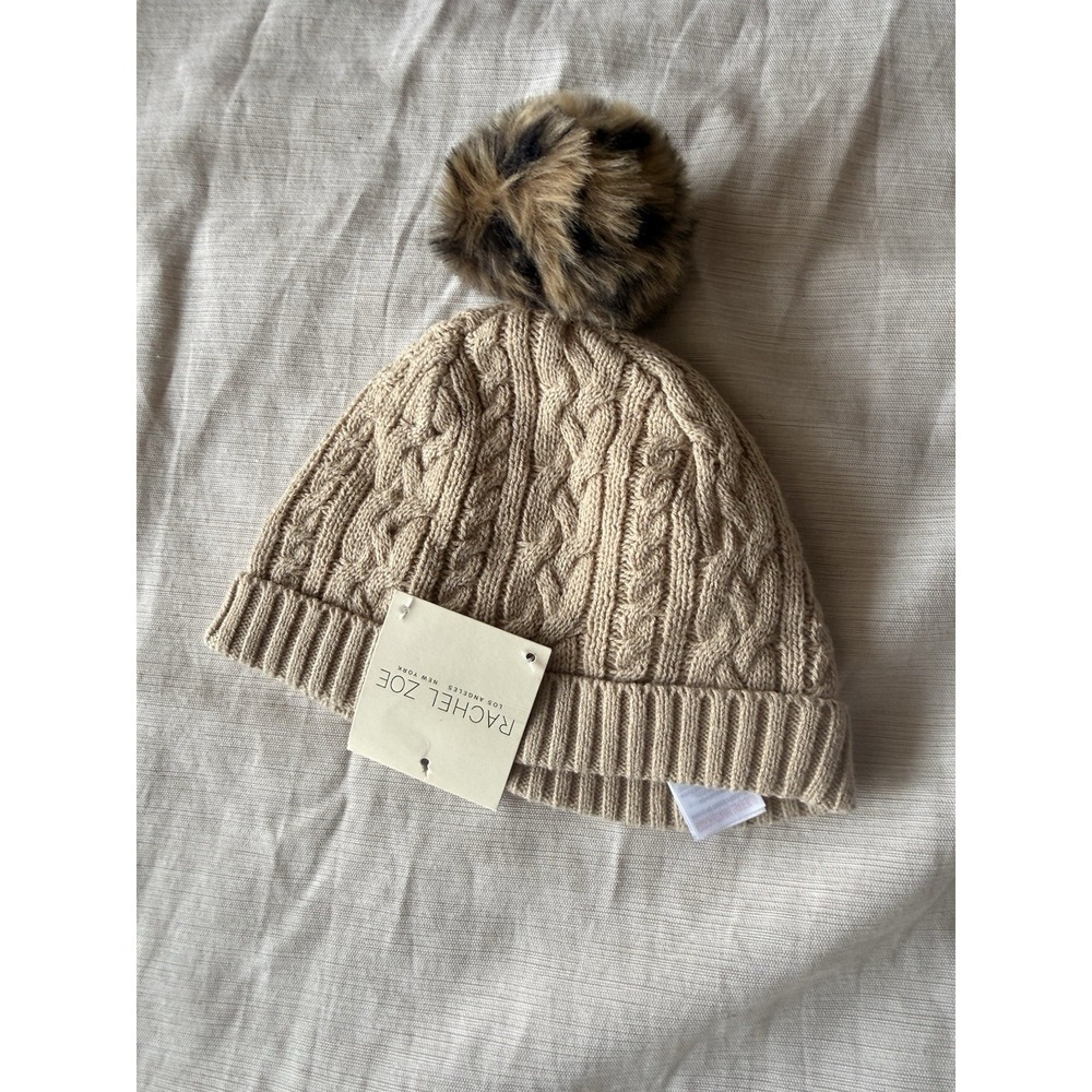 Rachel Zoe kids Beige Cable-Knit Beanie Hat Faux Fur Pom-Pom One Size